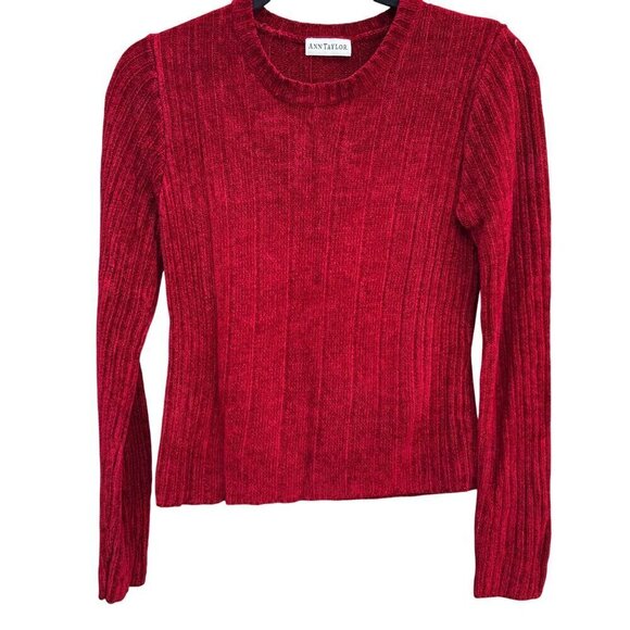 Ann Taylor Womens Red Ribbed Chenille Stretch Long Sleeve Crew Neck Sweater Smal - Picture 1 of 8